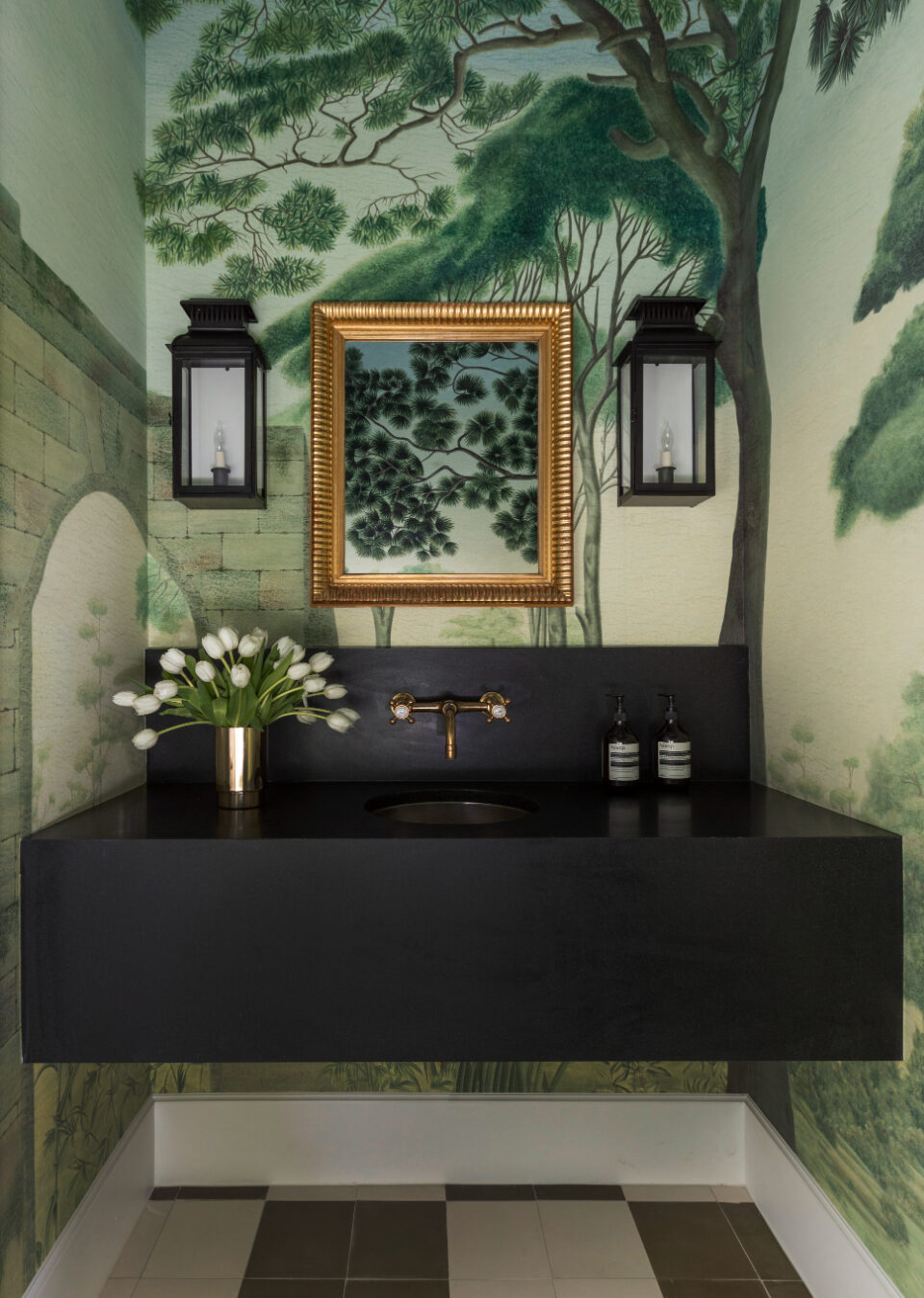 When the client asked for something “really fabulous” in a powder room, Epley went straight for Italian Panoramic Panels by Iksel for Schumacher. The sink, sconces, and tile were existing. “It’s fun sometimes as a designer to go on top and add your layer, instead of there being no parameters,” she says. JULIE SOEFER