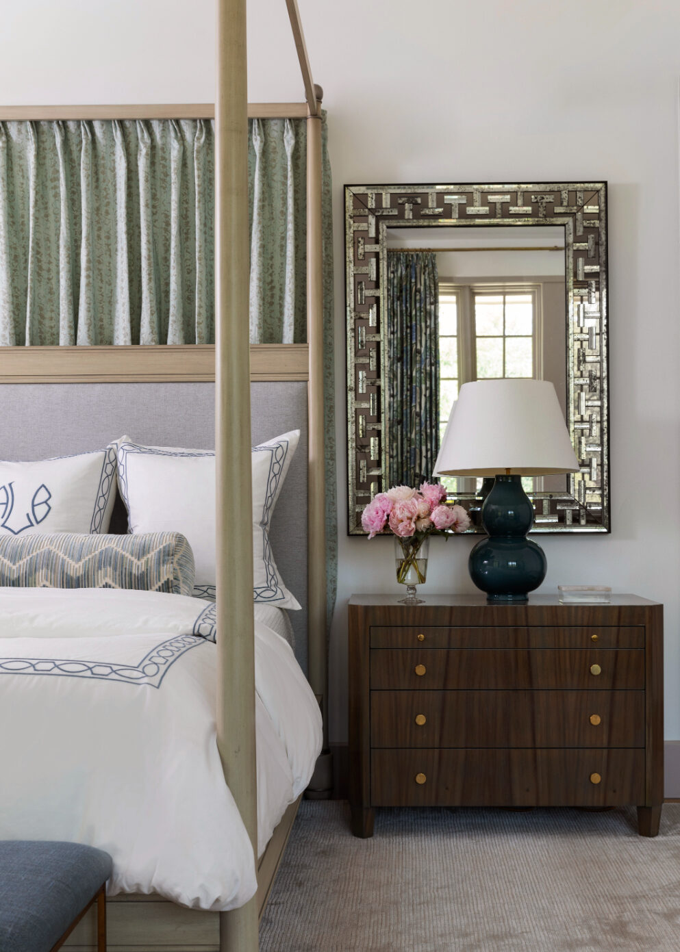 “The whole thing is so plush,” Epley says of the primary bedroom, where the king bed by The Joseph Company is dressed in bespoke Matouk linens with custom embroidery from the Longoria Collection. JULIE SOEFER